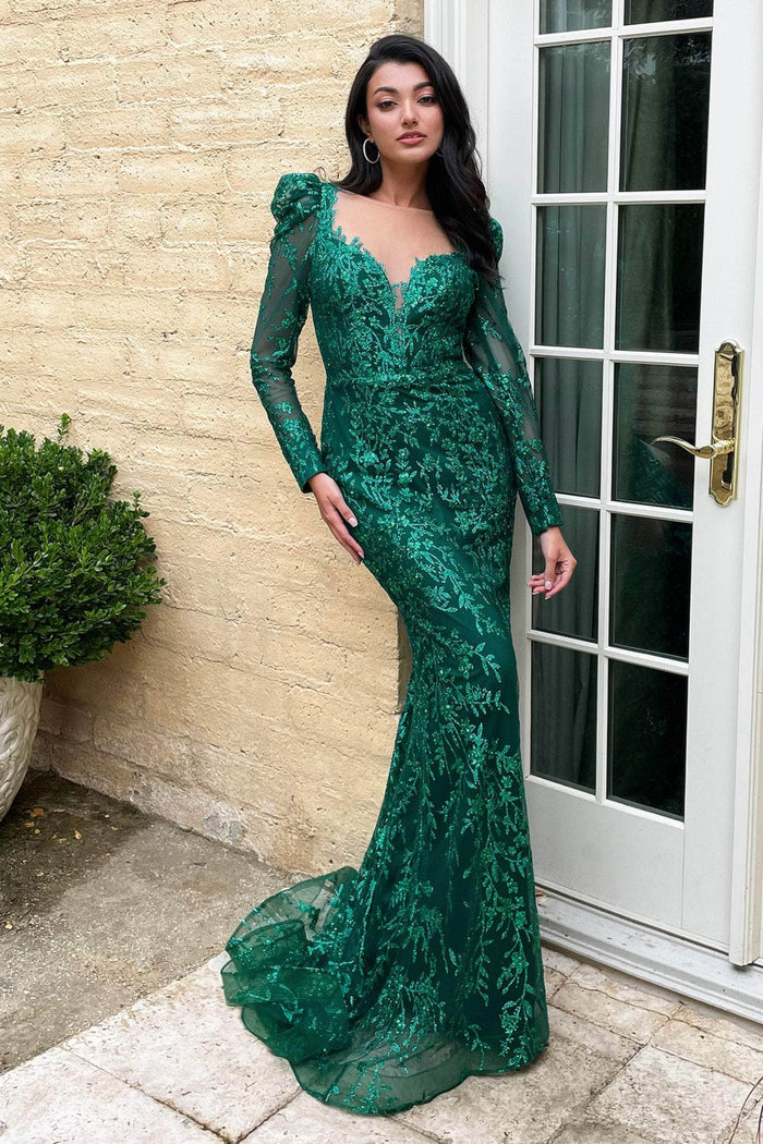 Ladivine CD989 - Puff Sleeve Glitter Print Prom Dress Prom Dresses 18 / Emerald-