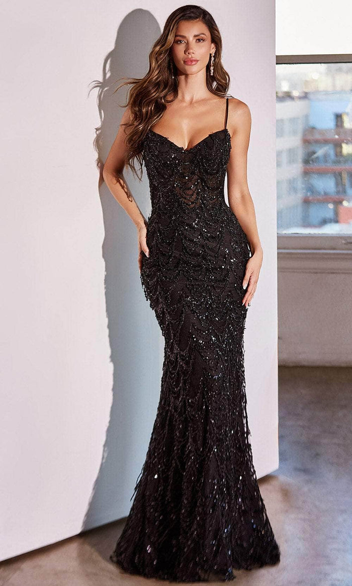 Ladivine CDS486 - Fringed Deep V-Neck Prom Gown Prom Dresses 16 / Black