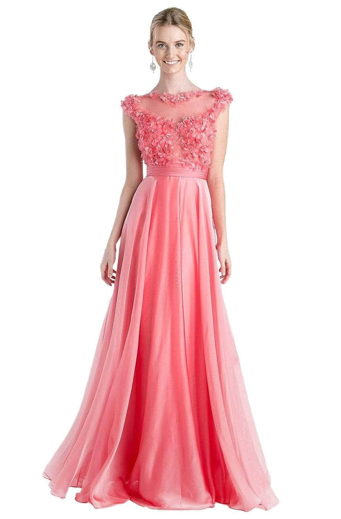 Ladivine CJ218 - Applique Bateau Chiffon Bridesmaid Dress Bridesmaid Dresses 2 / Coral