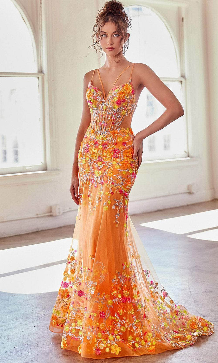 Ladivine CK946 - Sequin Floral Pattern Sleeveless Prom Gown Prom Dresses 2 / Orange