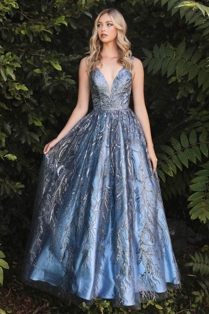 Ladivine J812 - Leaf Appliqued V-Neck Prom Gown Prom Dresses 12 / Smoky Blue