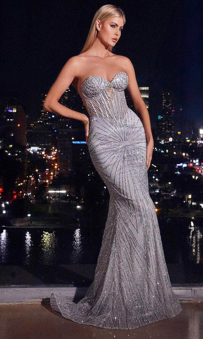 Ladivine J871 - Strapless Beaded Prom Gown Prom Dresses 2 / Silver