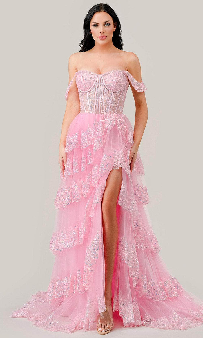 Ladivine KV1110 - Off-Shoulder Sequin Embellished Prom Gown Prom Dresses 2 / Pink