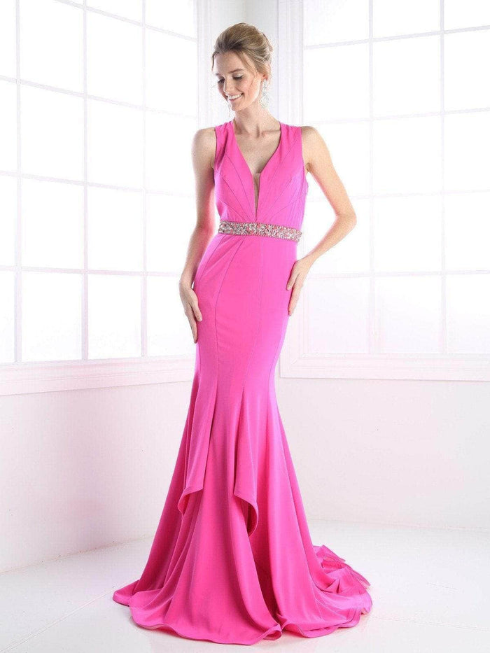 Ladivine P107 - Deep V-Neck Beaded Accents Evening Gown Evening Dresses 2 / Fuchsia