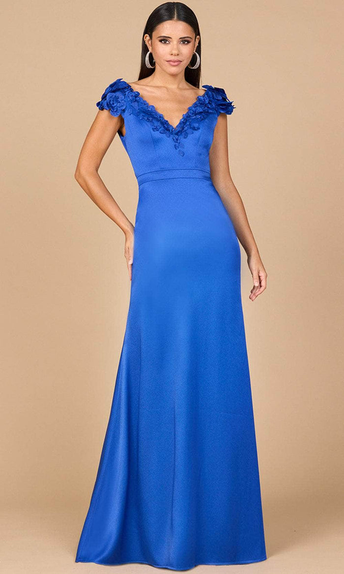 Lara Dresses 28914 - Satin Floral Detailed Neckline Prom Gown Mother of the Bride Dresses 2 / Royal Blue