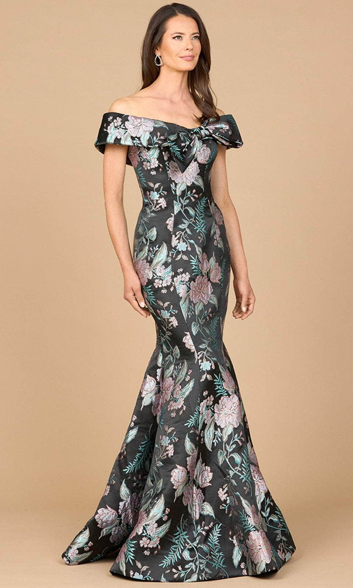 Lara Dresses 28919 - Floral Brocade Off-Shoulder Mermaid Evening Gown Mother of the Bride Dresses 4 / Black/Multi