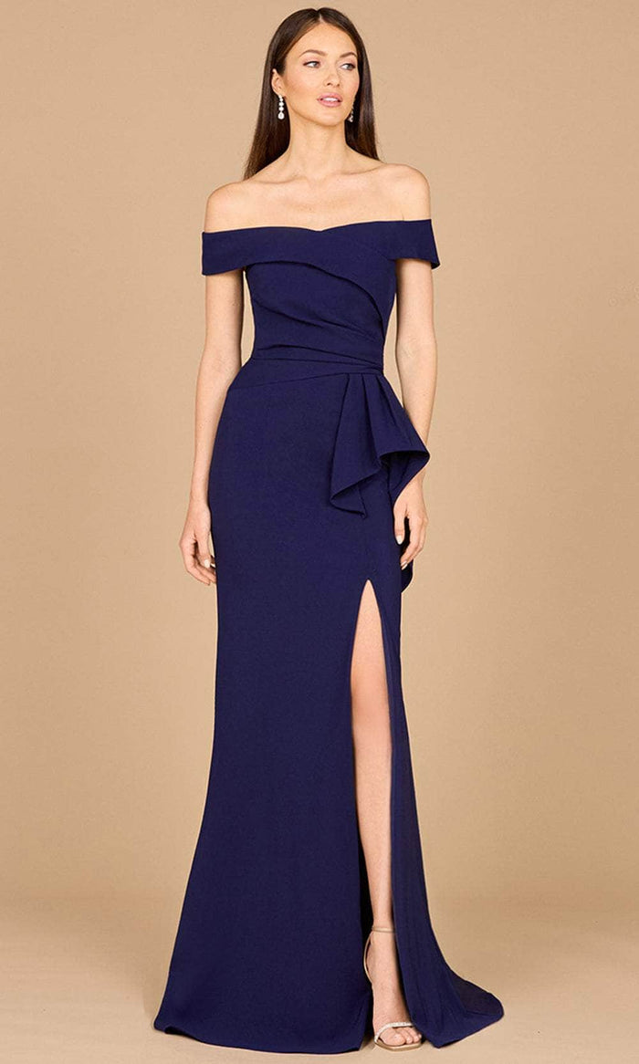 Lara Dresses 28981 - Off Shoulder Peplum Waist Evening Dress Special Occasion Dress 4 / Navy