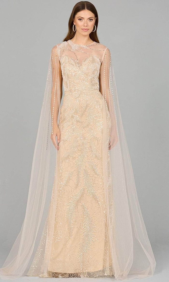 Lara Dresses 29047 - Beaded Illusion Evening Dress with Cape Evening Dresses 2 / Champagne Ivory