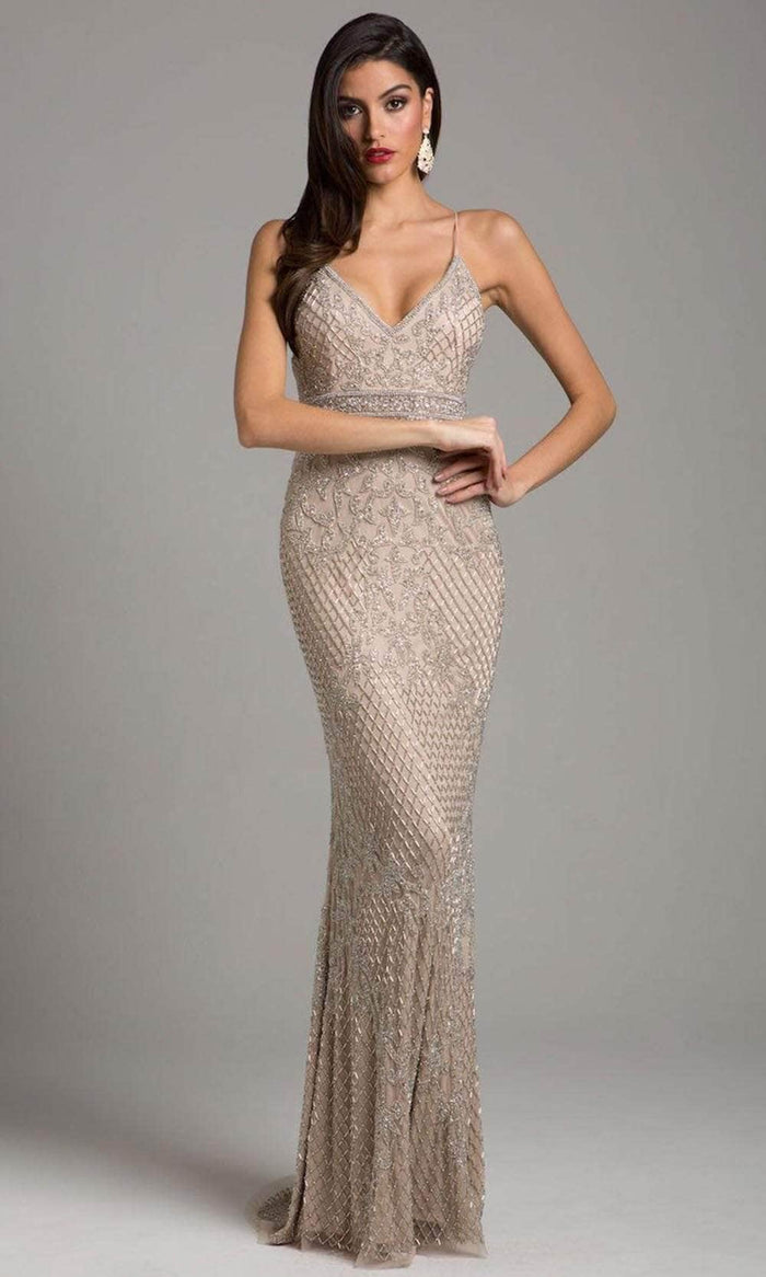 Lara Dresses 29904 - Sleeveless Beaded Prom Dress Evening Dresses 10 / Nude/Silver