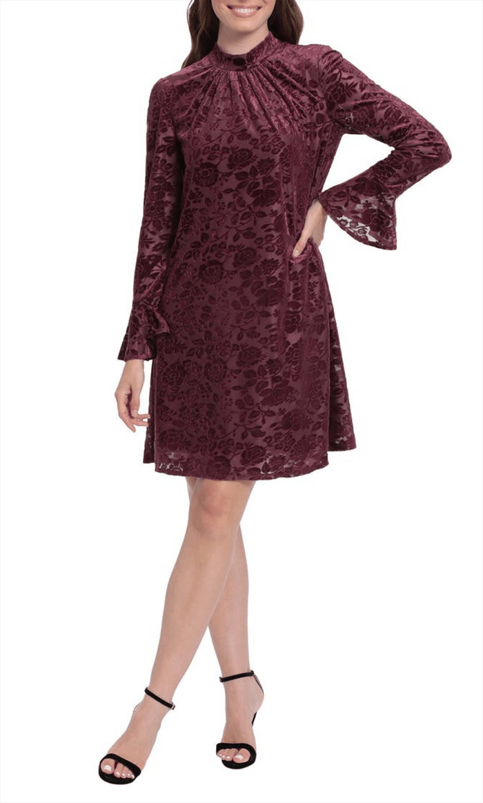 London Times T6425M - Velvet Short Floral Dress Cocktail Dresses 0 / Wine