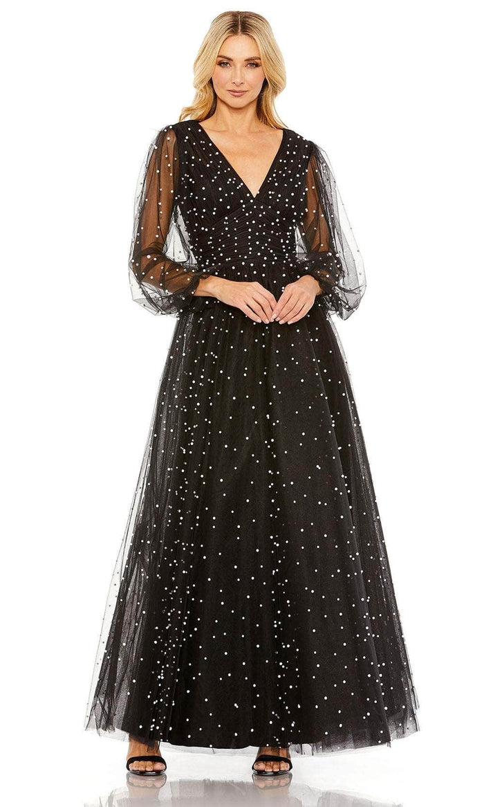 Mac Duggal 20746 - Sheer Long Sleeve V-Neck Evening Dress Evening Dresses 4 / Black Ivory