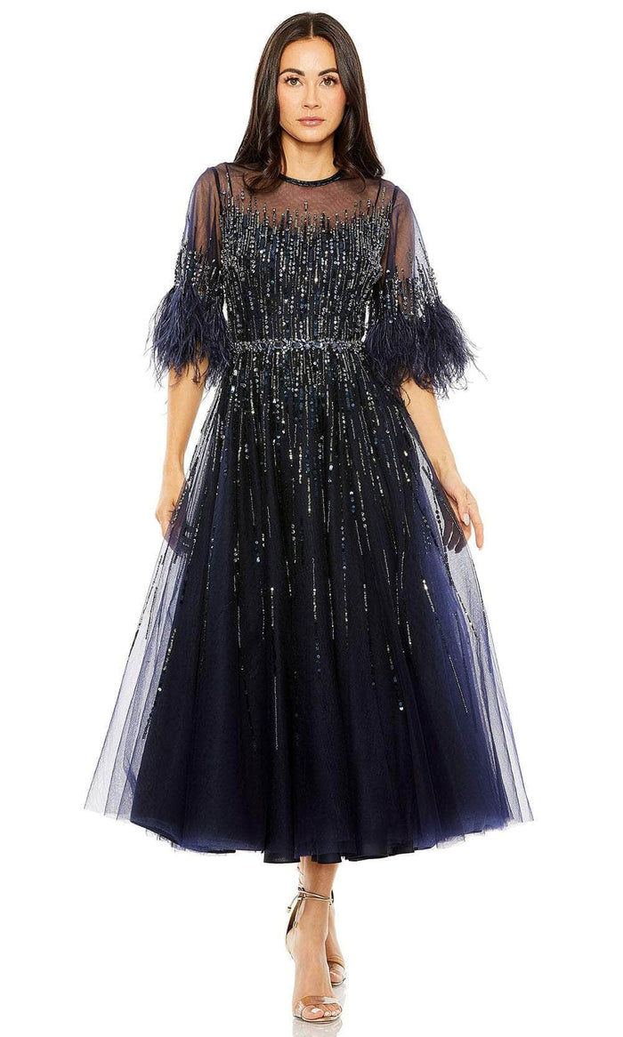 Mac Duggal 42097 - Feathered Illusion Sleeve Evening Dress Evening Dresses 4 / Navy