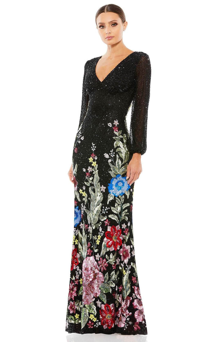 Mac Duggal 5542 - V-Neck Floral Beaded Evening Gown Special Occasion Dress 2 / Black Multi