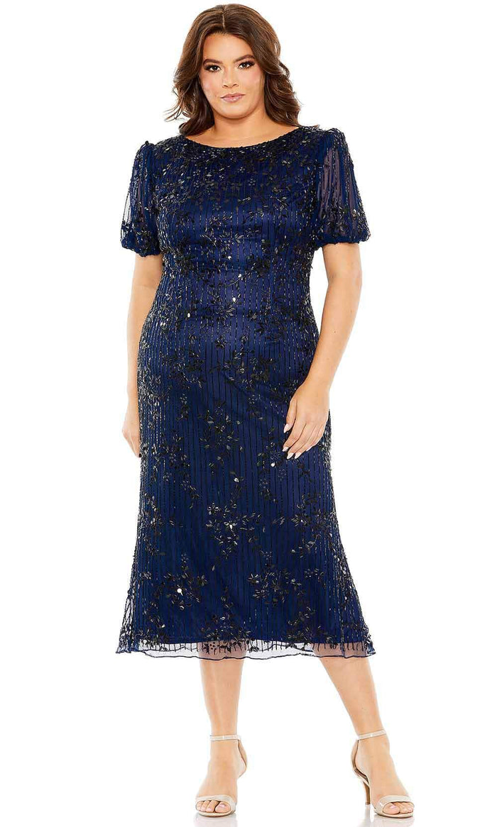 Mac Duggal 5940 - Embellished Puff Sleeve Tea-Length Dress Special Occasion Dress 14 / Midnight