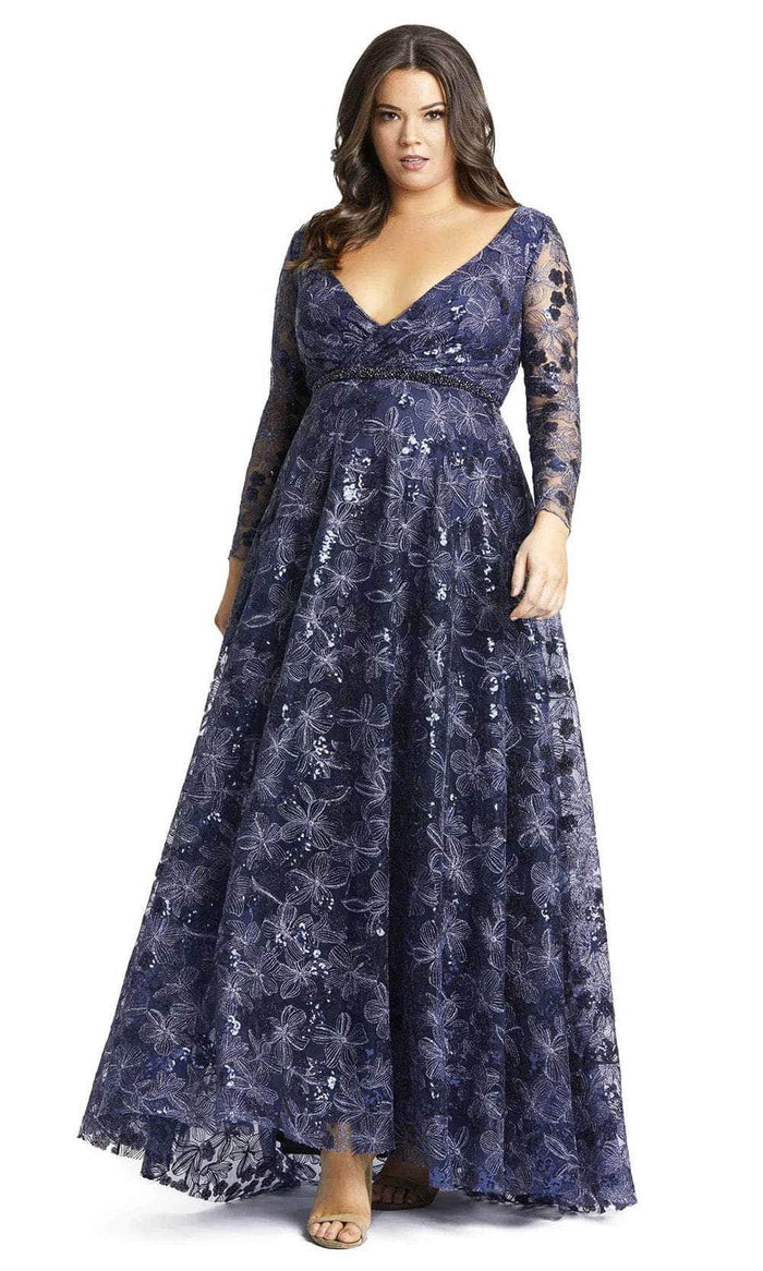 Mac Duggal 67438 - Long Sleeve Floral Applique Formal Dress Prom Dresses 14W / Midnight