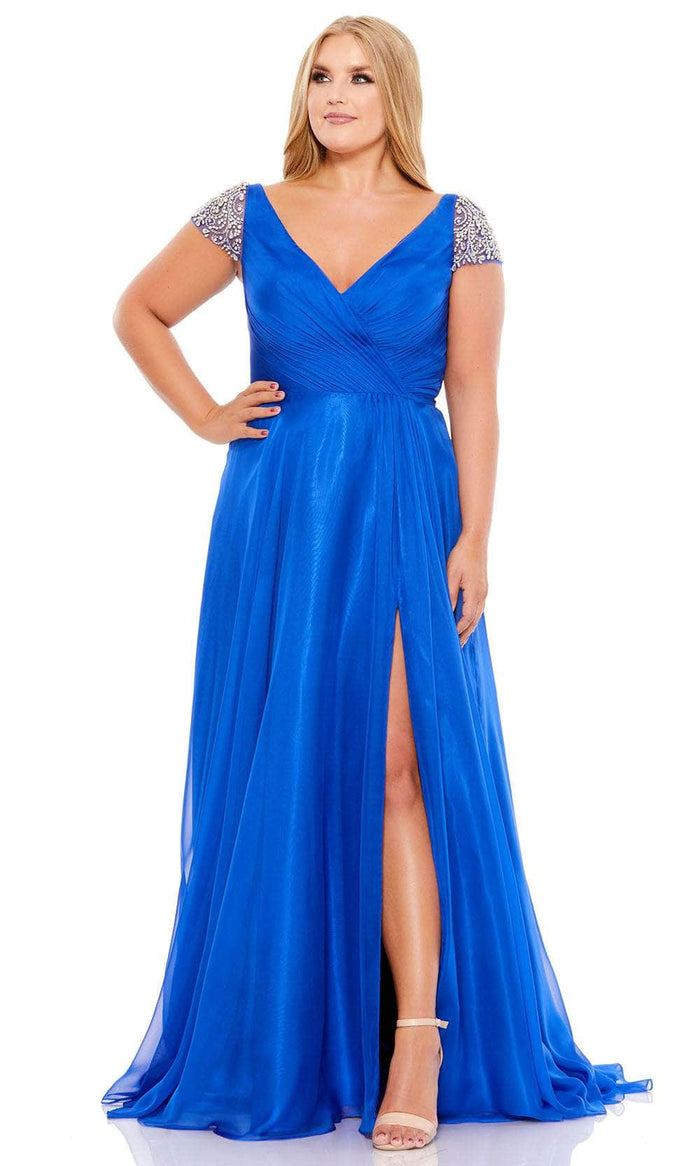 Mac Duggal 67723 - Beaded Cap Sleeve High Slit Gown Prom Dresses 14 / Cobalt