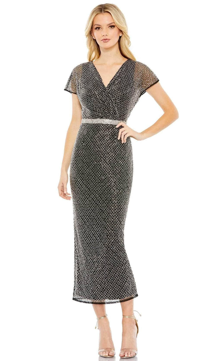 Mac Duggal 93787 - V-Neck Tea Length Cocktail Dress Cocktail Dresses 10 / Black Silver