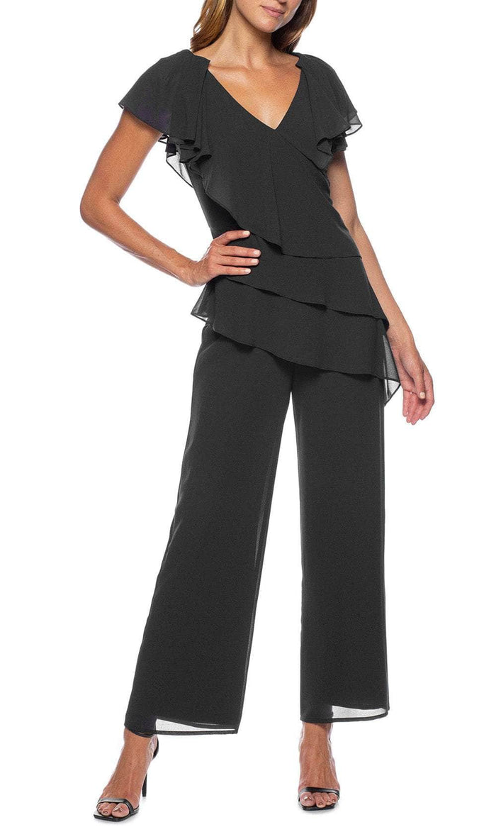 Marina 267962 - Ruffled V-Neck Crepe Jumpsuit Formal Pantsuits 4 / Black