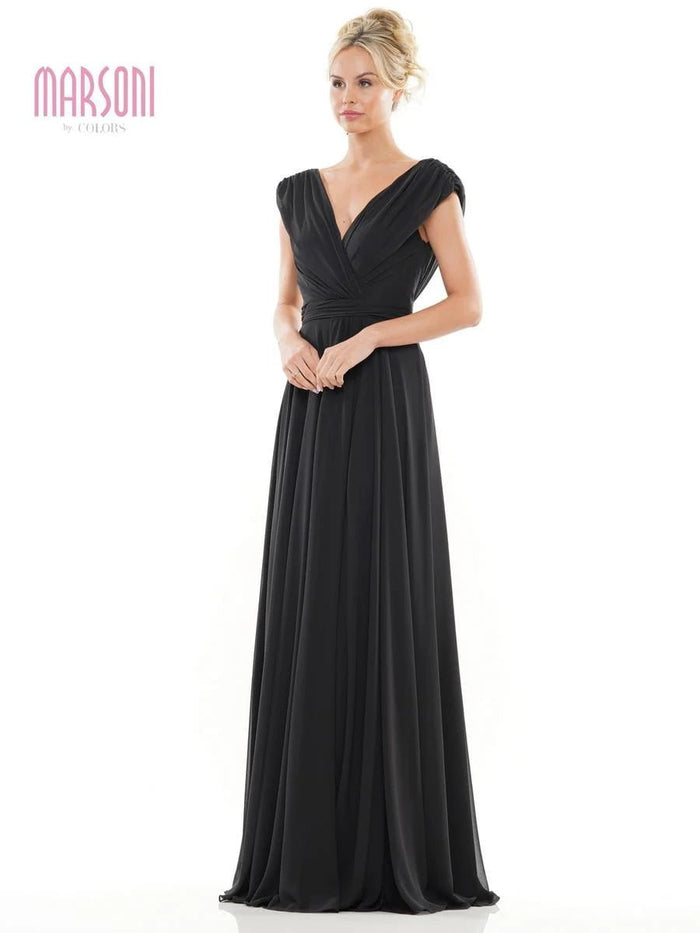 Marsoni by Colors - M251 V Neck Off Shoulder A-Line Gown Mother of the Bride Dresses 4 / Black