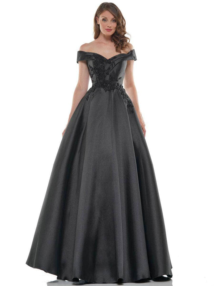 Marsoni by Colors - MV1008 Floral Beaded Surplice Off Shoulder Gown Mother of the Bride Dresses 4 / Black