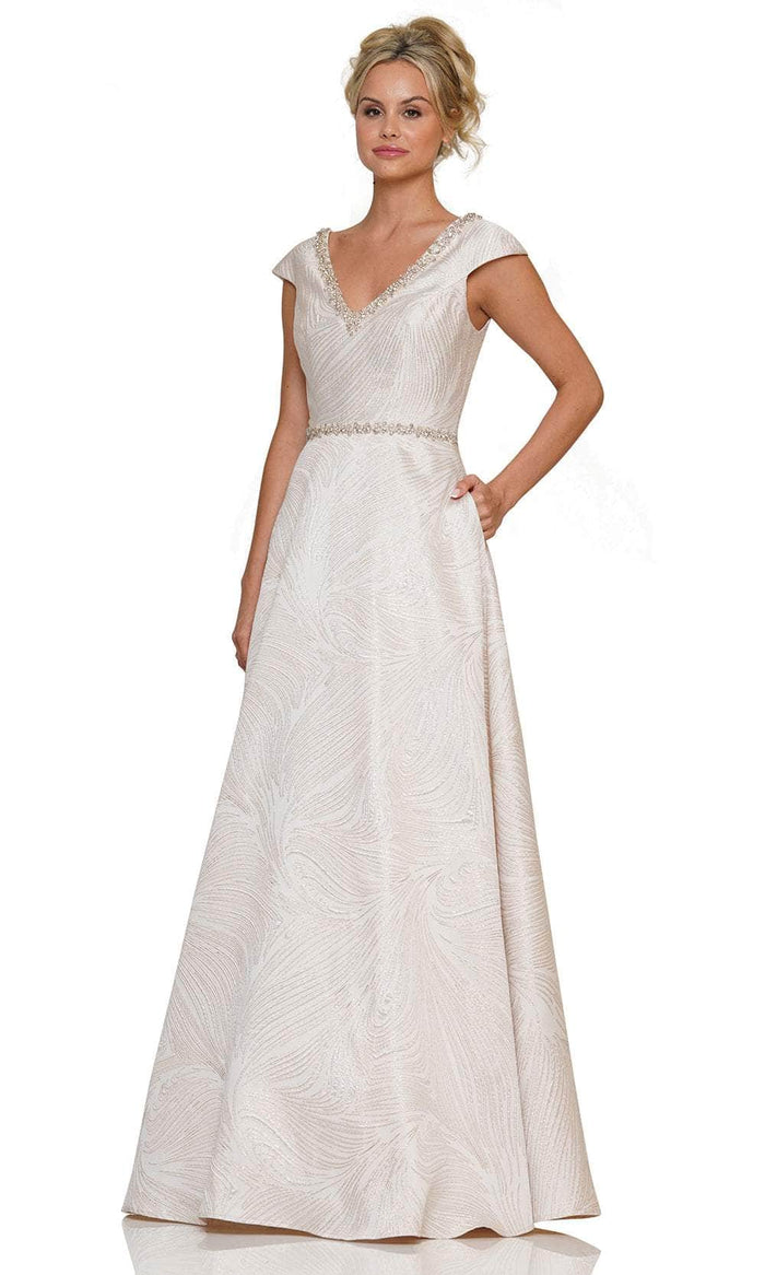 Marsoni by Colors MV1264 - Beaded Trim V-Neck Formal Gown Special Occasion Dress 4 / Champagne