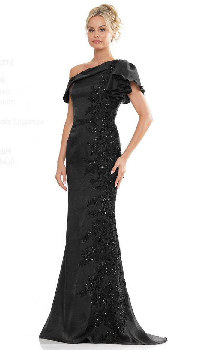 Marsoni by Colors MV1272 - Asymmetric Beaded Lace Formal Gown Special Occasion Dress 4 / Black