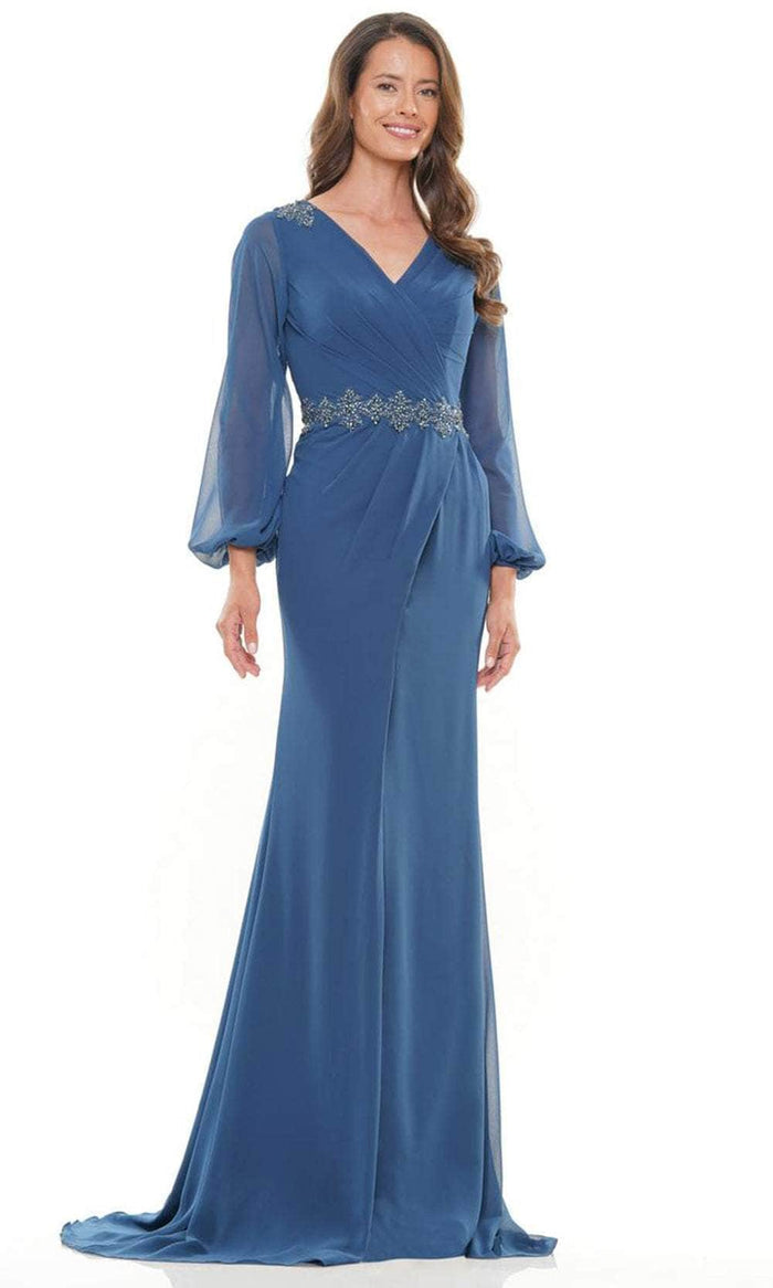 Marsoni by Colors MV1273-1 - Ballon Long Sleeve V-Neck Long Gown Mother of the Bride Dresses 28 / Peacock