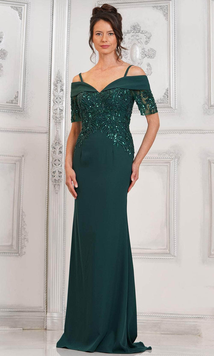 Marsoni by Colors MV1295 - Off Shoulder Illusion Sleeve Formal Gown Special Occasion Dress 6 / Deep Green