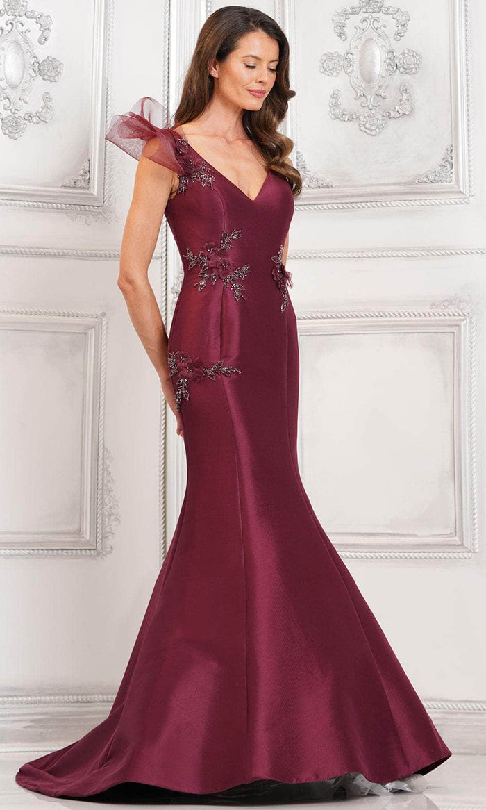 Marsoni by Colors MV1309 - Floral Appliqued Mermaid Formal Gown Special Occasion Dress 4 / Burgundy