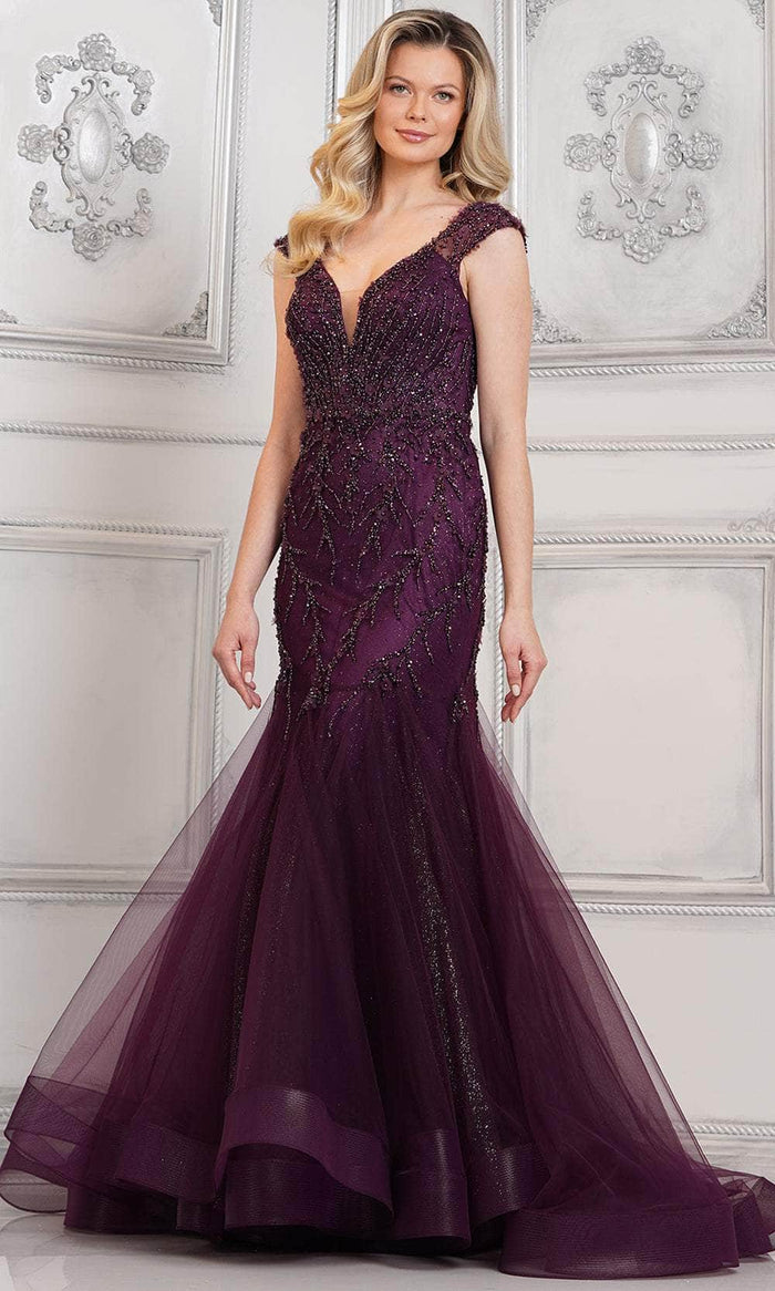 Marsoni by Colors MV1315 - Sheer Cap Sleeve Beaded Formal Gown Special Occasion Dress 4 / Eggplant