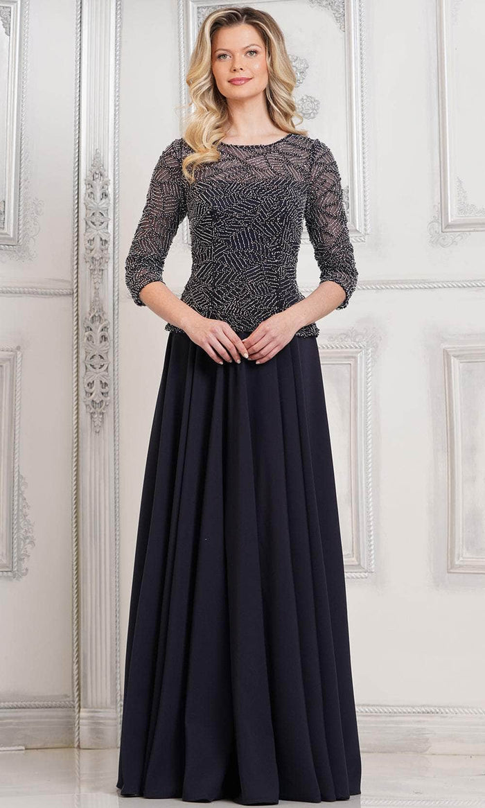 Marsoni by Colors MV1319-1 - Beaded Quarter Sleeve Long Dress Mother of the Bride Dresses 22 / Midnight