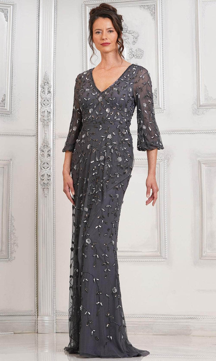 Marsoni by Colors MV1320 - Floral Sequin V-Neck Formal Gown Special Occasion Dress 6 / Charcoal