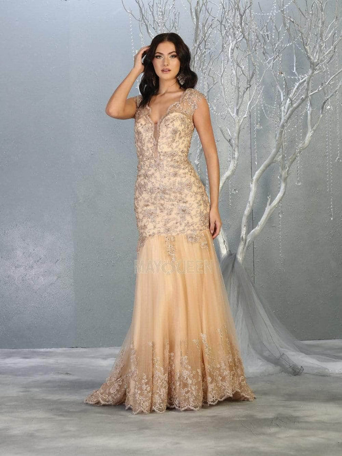 May Queen - Applique Trumpet Prom Dress RQ7785 Mother of the Bride Dresses 4 / Champagne