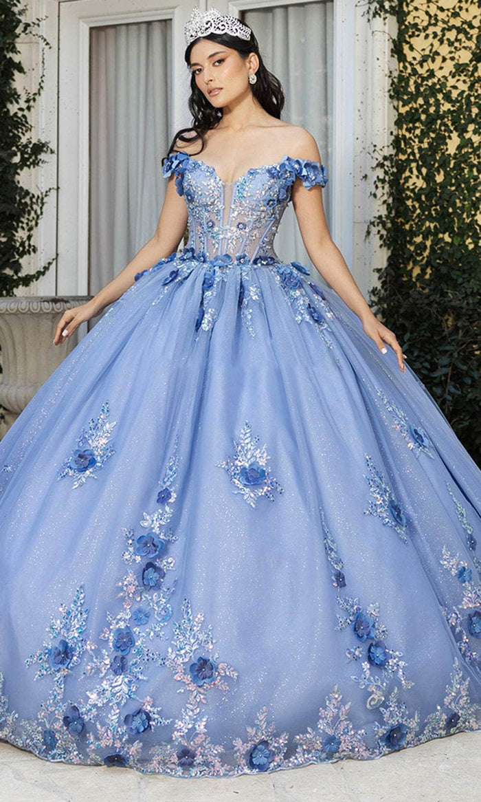 May Queen LK262 - Illusion Floral Applique Ballgown Quinceanera Dresses 4 / Dusty Blue