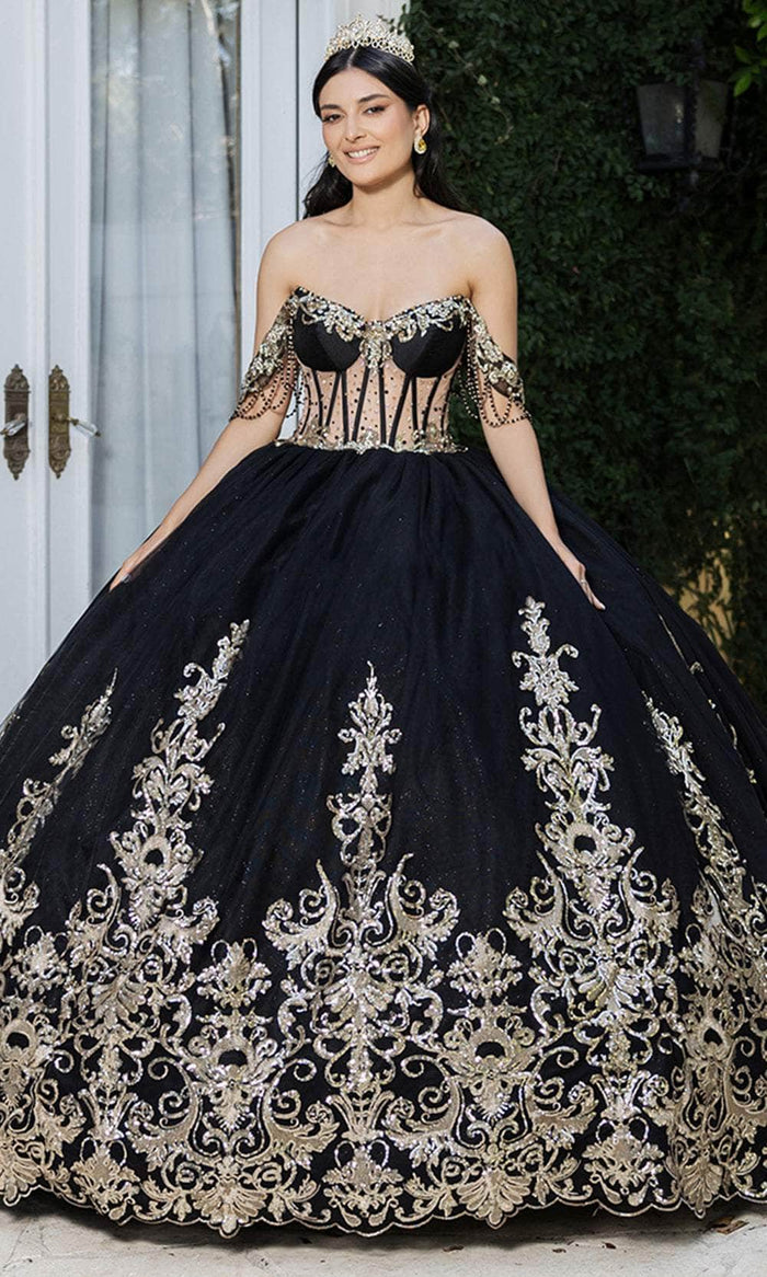 May Queen LK267 - Sequin Illusion Ballgown Quinceanera Dresses 4 / Black/Gold