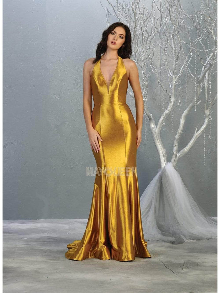 May Queen MQ1740 - Metallic Halter Evening Dress Prom Dresses 4 / Metalic/Gold