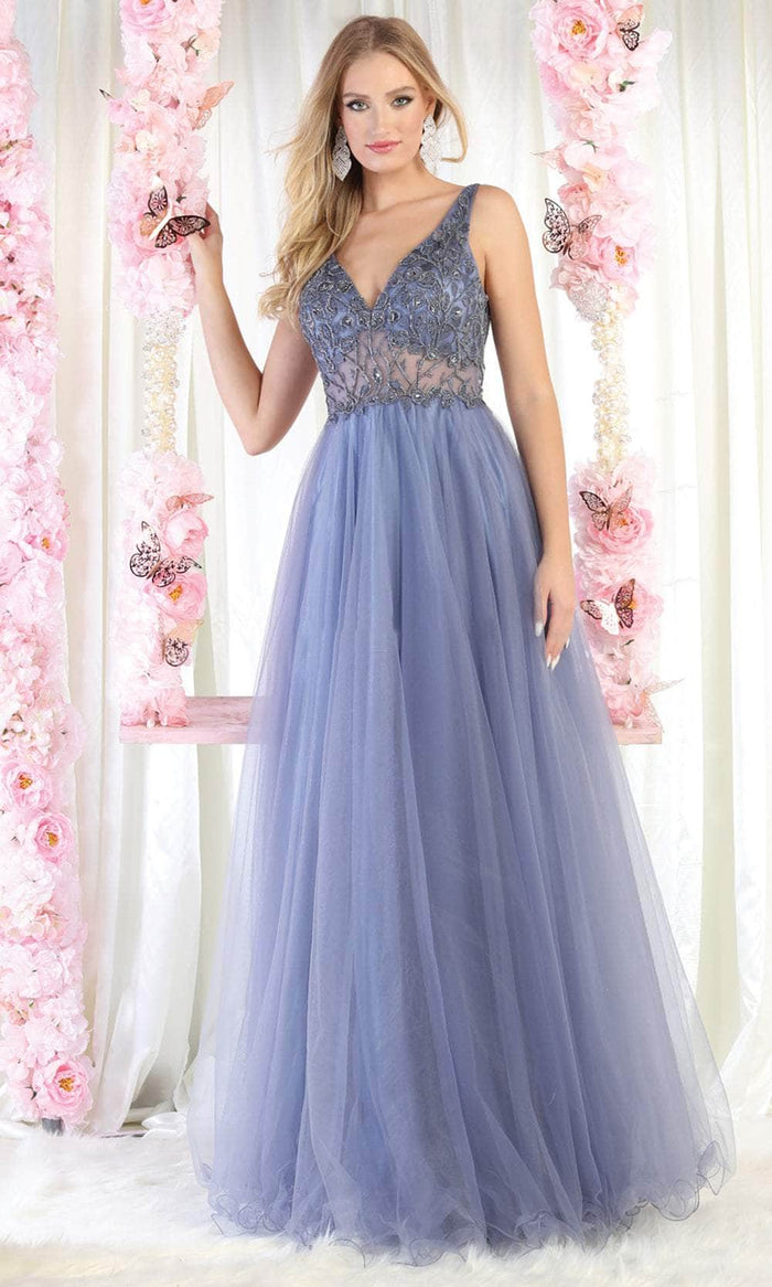 May Queen MQ1971 - Open Scoop Back Tulle A-line Dress Evening Dresses 2 / Dustyblue