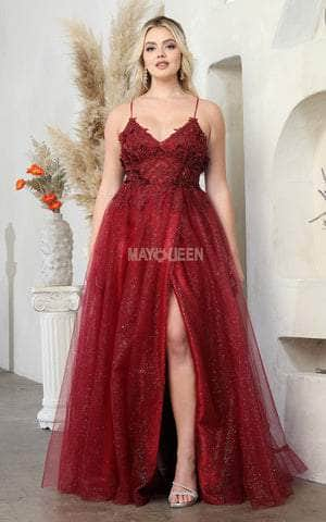 May Queen MQ2011 - Glitter A-Line Prom Dress with Slit Prom Dresses 2 / Burgundy