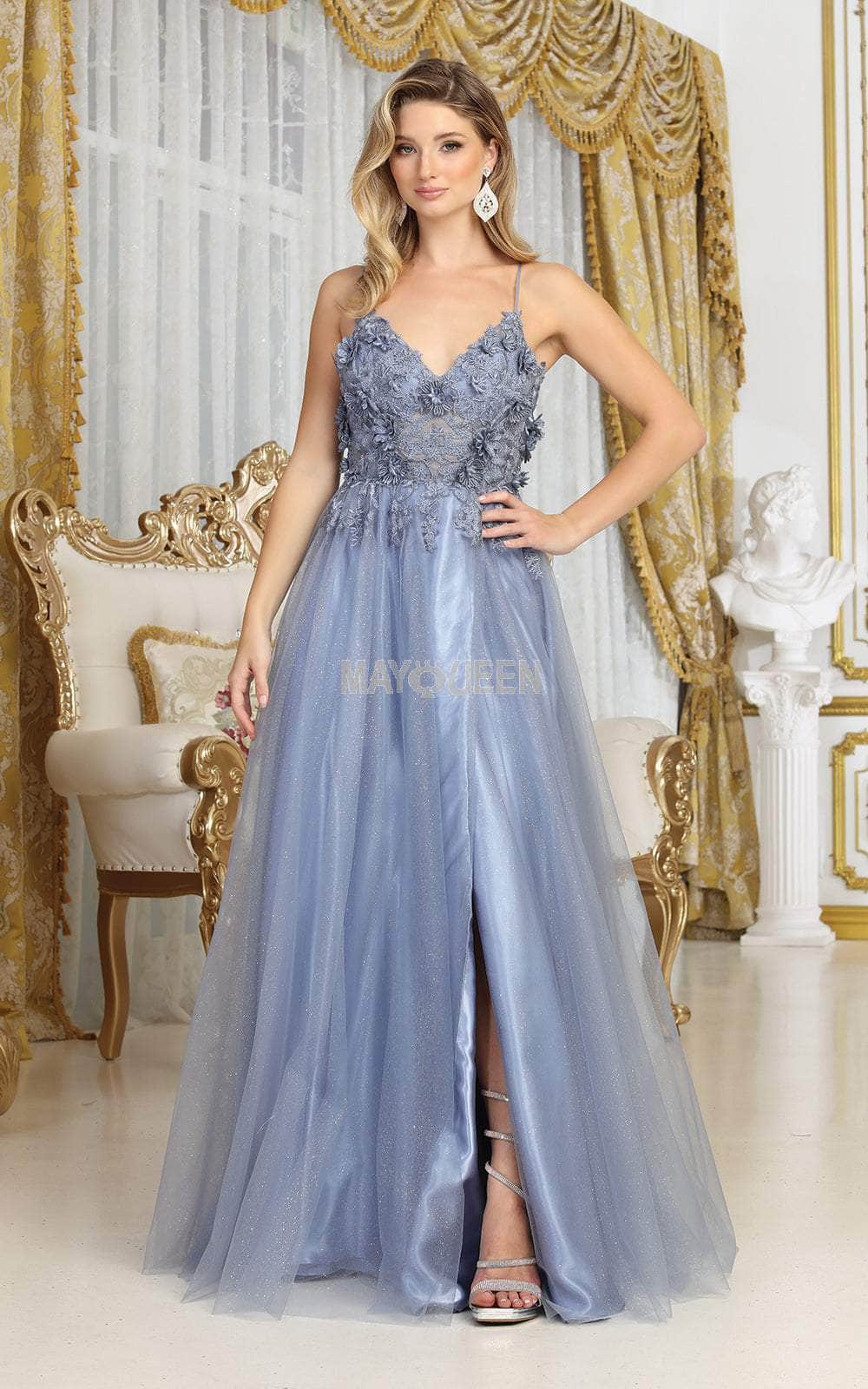 Mayqueen MQ1768 Prom Dusty Blue Fitted Bridesmaid Dresses, High  Slit