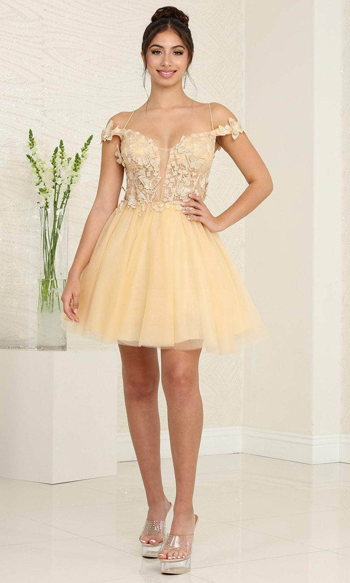 May Queen MQ2090 - Plunging Off Shoulder Cocktail Dress Special Occasion Dress 2 / Champagne