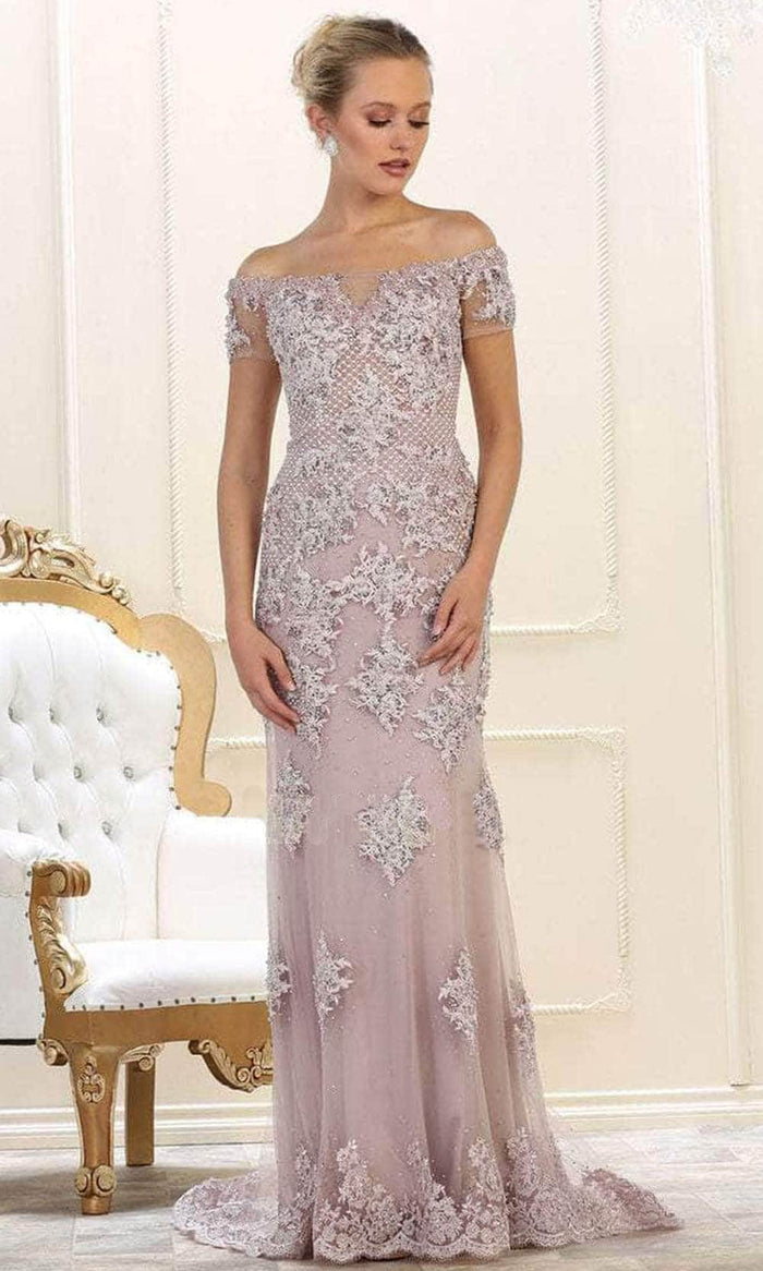 May Queen RQ7621 - Floral Appliqued Column Prom Dress Prom Dresses 8 / Mauve