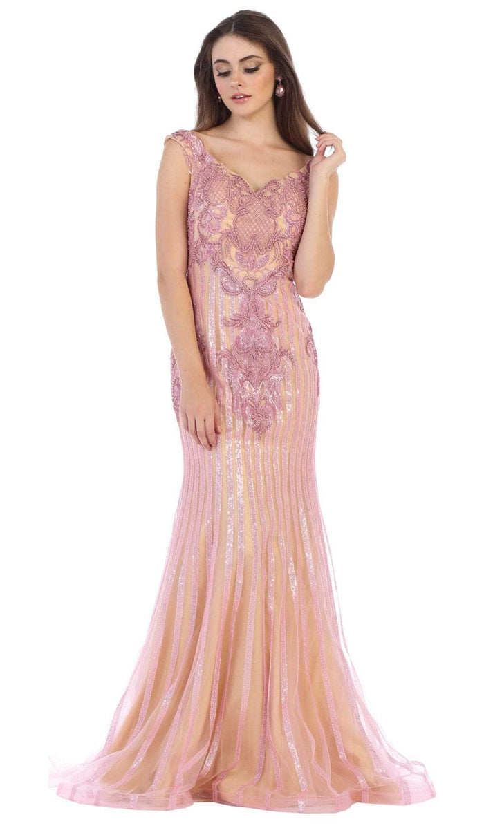 May Queen RQ7640 - Lace Appliqued V-Neck Evening Dress Evening Dresses 8 / Dusty-Rose