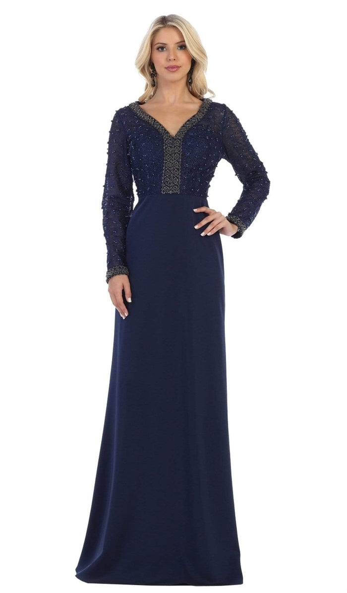 May Queen RQ7692 - Long Sleeve Column Formal Dress Mother of the Bride Dresses 4XL / Navy