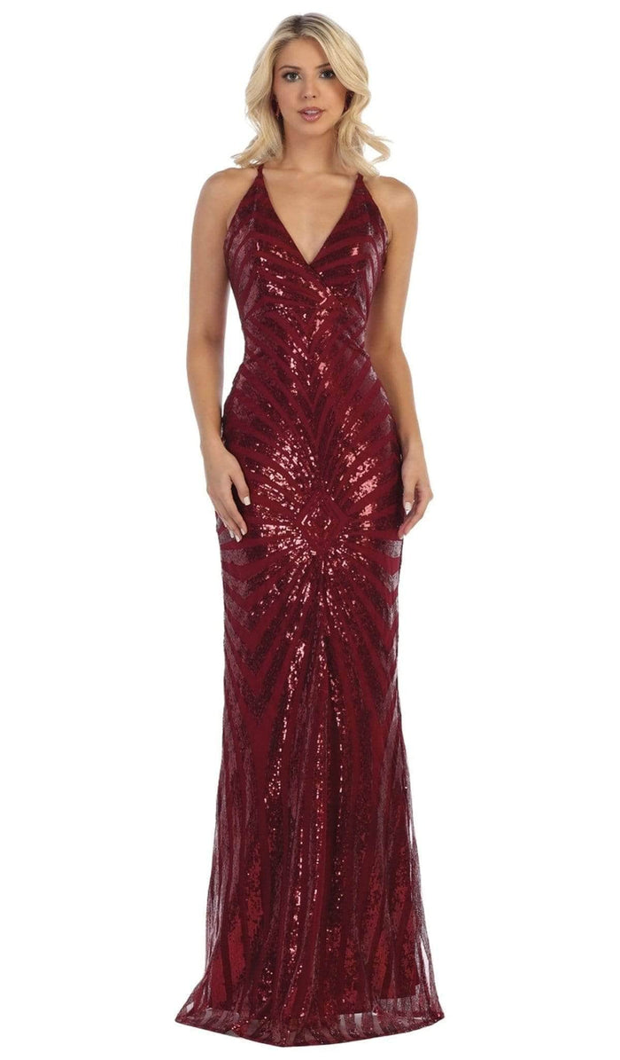 May Queen RQ7695 - Sequined Deep V-Neck Evening Dress Special Occasion Dress 6 / Burgundy