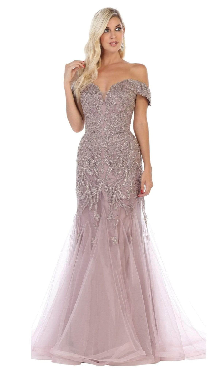 May Queen RQ7705 - Off Shoulder Trumpet Evening Gown Evening Dresses 12 / Mauve