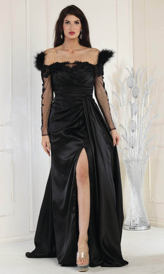 May Queen RQ8002 - Off-Shoulder Feather Detail Evening Dress Prom Dresses