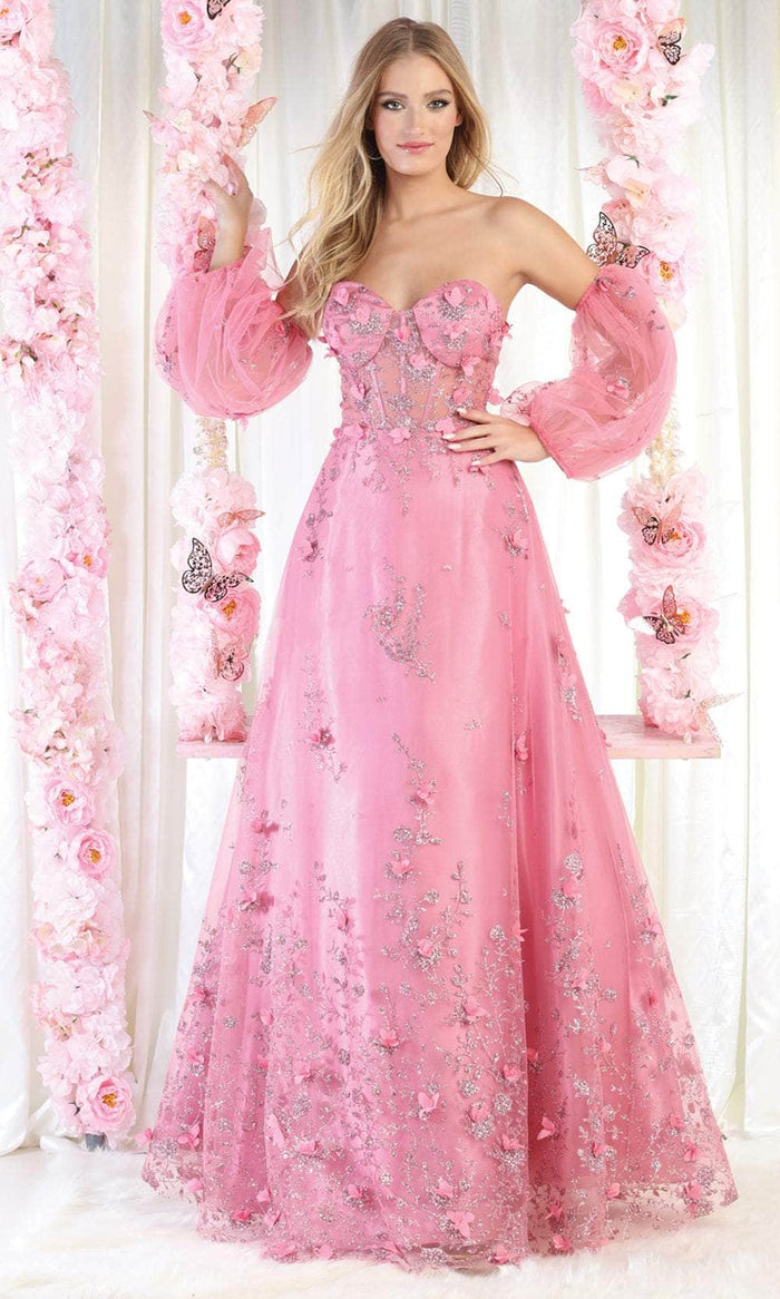 May Queen RQ8015 - Strapless Corseted Floral Gown Prom Dresses 4 / Rose