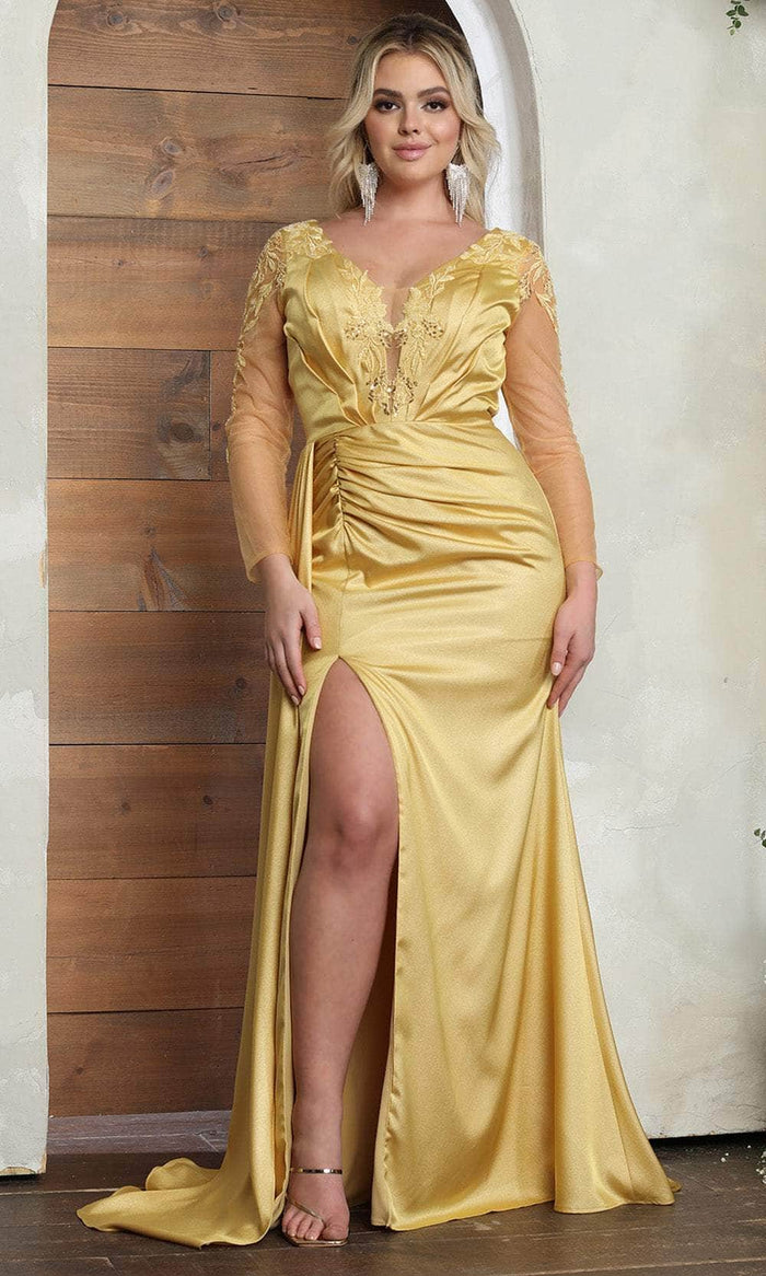 May Queen RQ8045 - V-Neck Side Draped Prom Gown Prom Dresses 6 / Gold