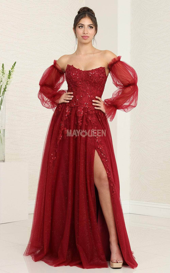 May Queen RQ8060 - Strapless Detachable Sleeve Prom Gown Prom Dresses 4 / Burgundy