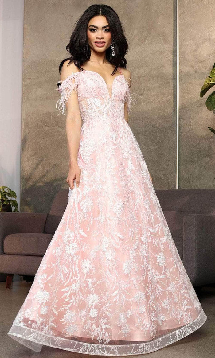 May Queen RQ8070 - Feathered Sleeve Embroidered Prom Gown Special Occasion Dress 4 / Blush